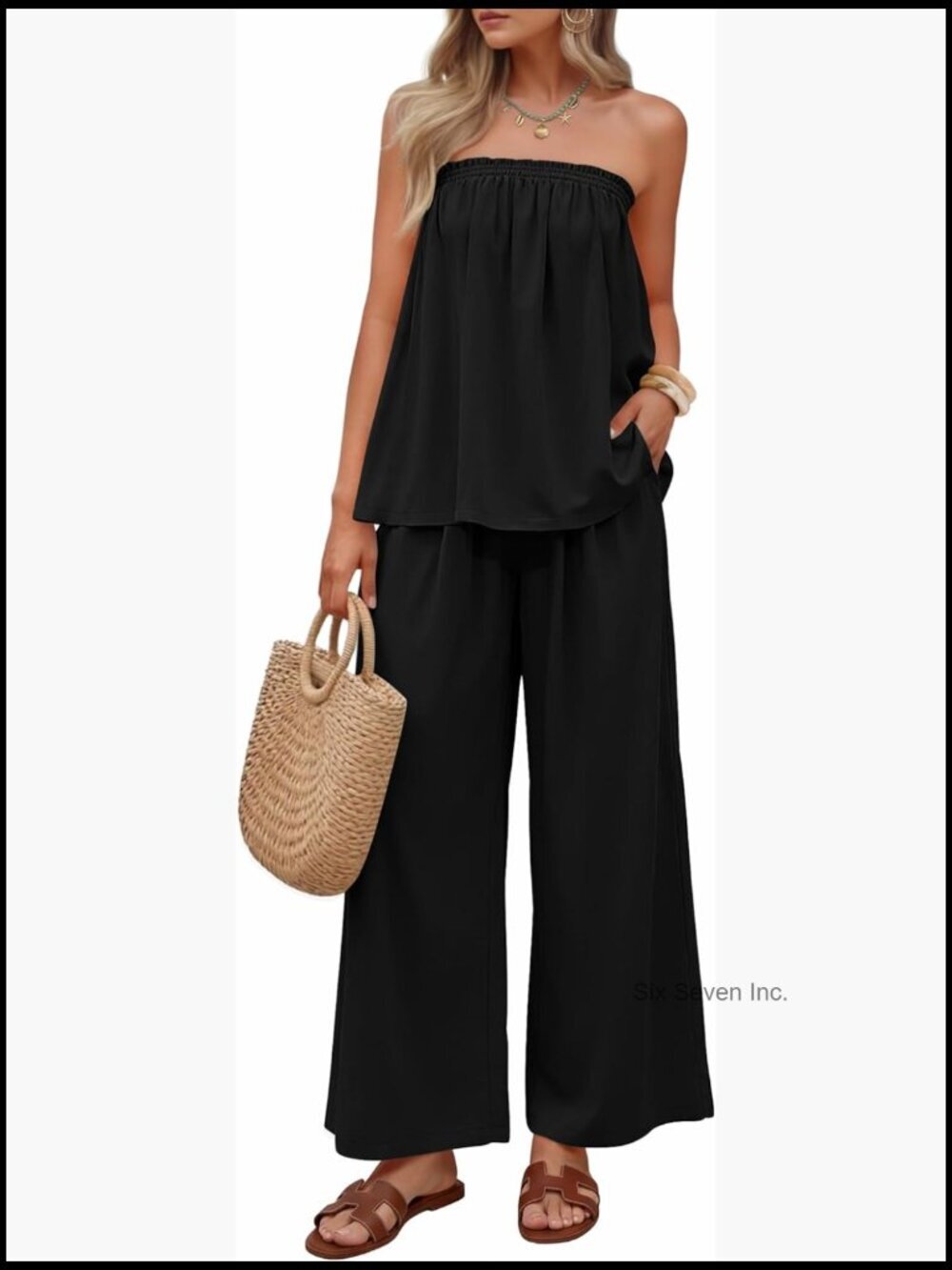 Women's 2 Piece Set: Strapless Tube Top & Wide Leg Pants with Pockets
